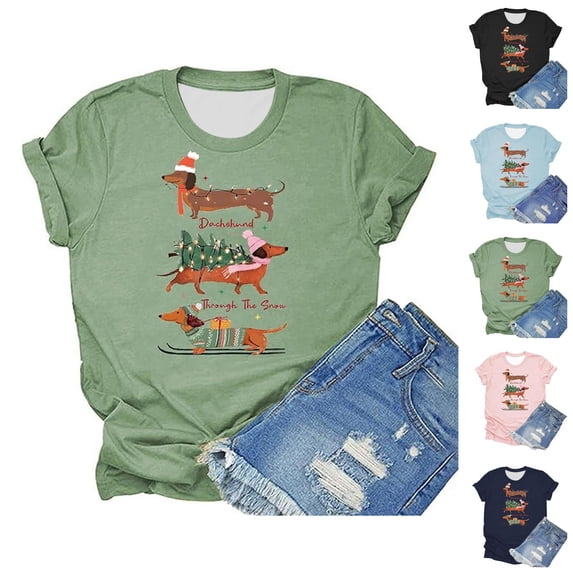 Christmas Shirts for Women Short Sleeve Crewneck Casual Funny Dachshund through The Snow Graphic T Shirts Holiday Tops