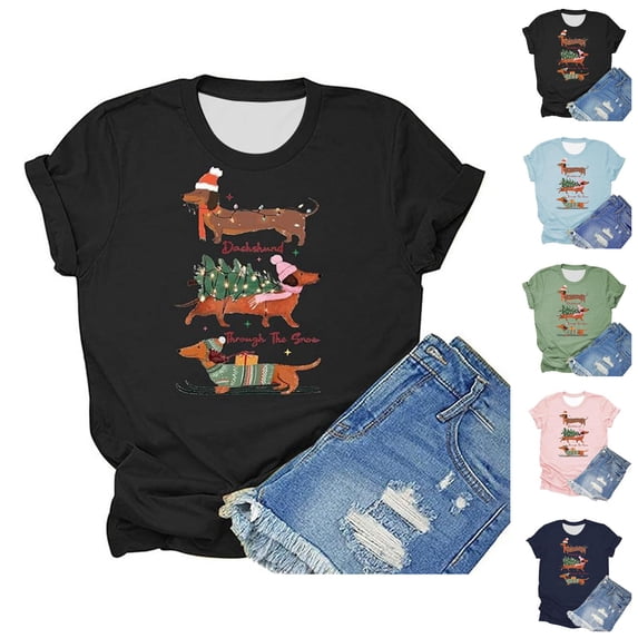 Christmas Shirts for Women Short Sleeve Crewneck Casual Funny Dachshund through The Snow Graphic T Shirts Holiday Tops