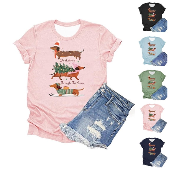 Christmas Shirts for Women Short Sleeve Crewneck Casual Funny Dachshund through The Snow Graphic T Shirts Holiday Tops