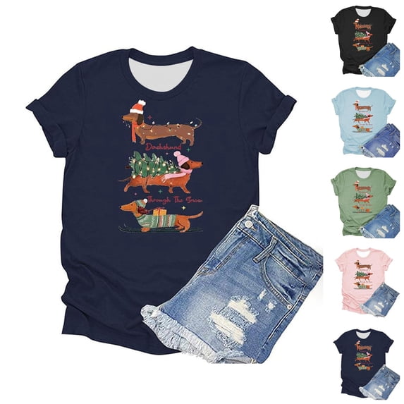 Christmas Shirts for Women Short Sleeve Crewneck Casual Funny Dachshund through The Snow Graphic T Shirts Holiday Tops