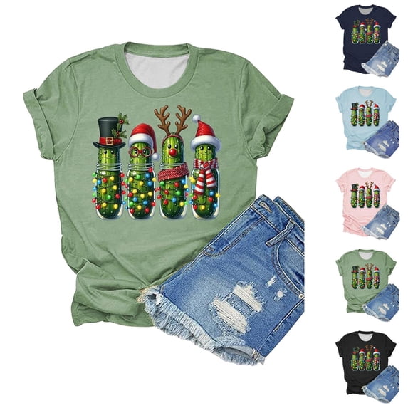 Christmas Shirts for Women Short Sleeve Crewneck Casual Funny Pickles Graphic T Shirts Xmas Holiday Tops