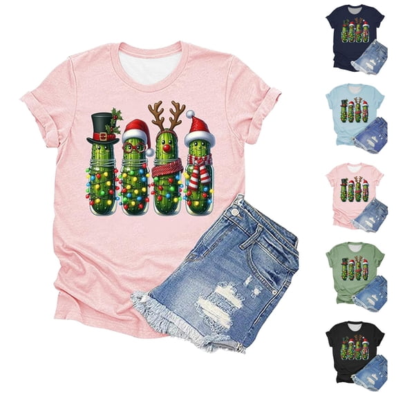 Christmas Shirts for Women Short Sleeve Crewneck Casual Funny Pickles Graphic T Shirts Xmas Holiday Tops