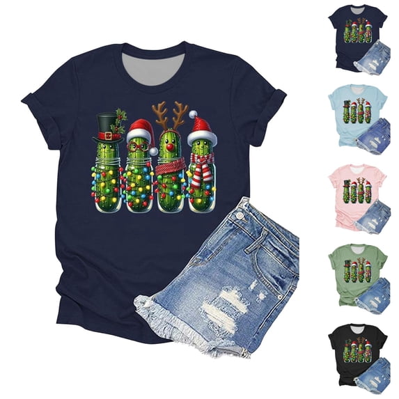 Christmas Shirts for Women Short Sleeve Crewneck Casual Funny Pickles Graphic T Shirts Xmas Holiday Tops