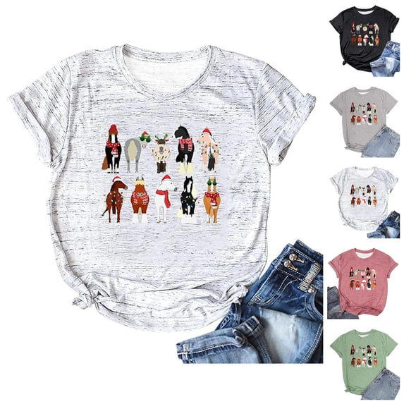 Christmas Shirts for Women Short Sleeve Crewneck Loose Casual Funny Horse Graphic T Shirts Holiday Tops
