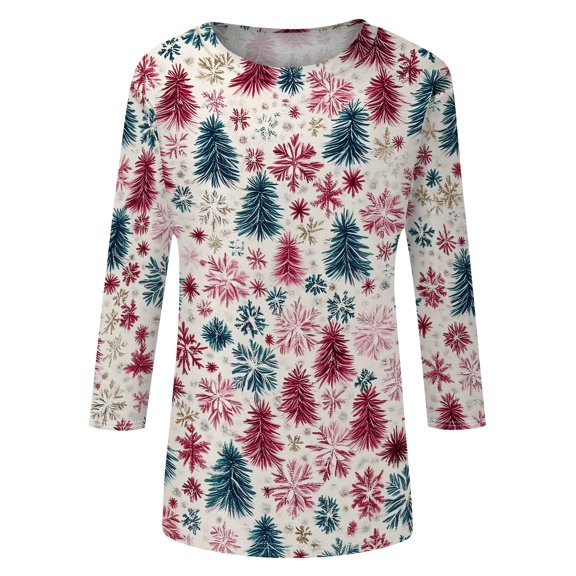 Christmas Shirts for Women Soft 3/4 Sleeve Crewneck T Shirts Funny Xmas Trees Graphic Tees Party Work Tops