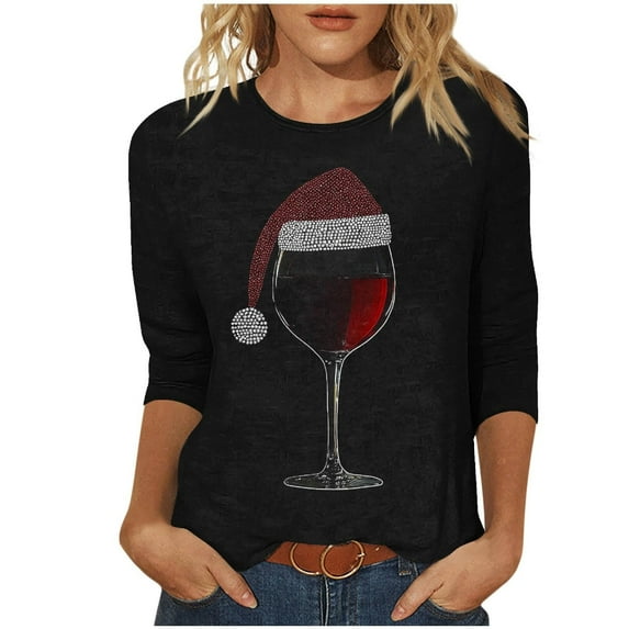 Christmas Shirts for Women T Shirt 3/4 Length Sleeve Womens Tops Crew Neck Shirts Business Casual Outfit Basic s Womens Top