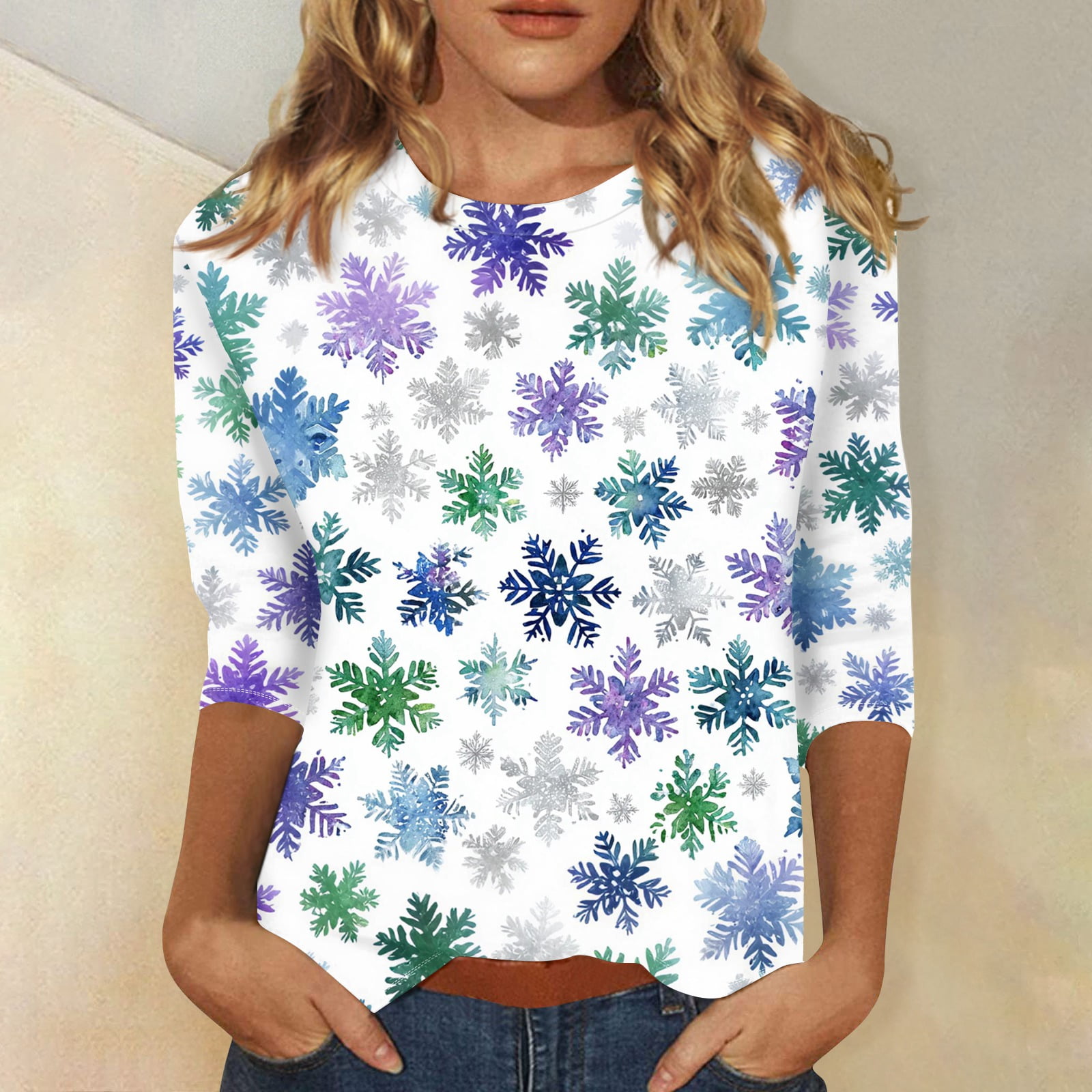 Christmas Shirts for Women Tree Print 3/4 Length Sleeve Crew Neck Christmas Shirts for Women Tree Print 3/4 Length Sleeve Crew Neck