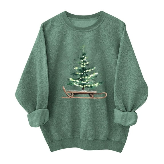 Christmas Shirts for Women Xmas Christmas Tree Print Sweatshirt Crew Neck Pullover Sweater Blouses Comfort Casual Fleece Xmas Holiday Top