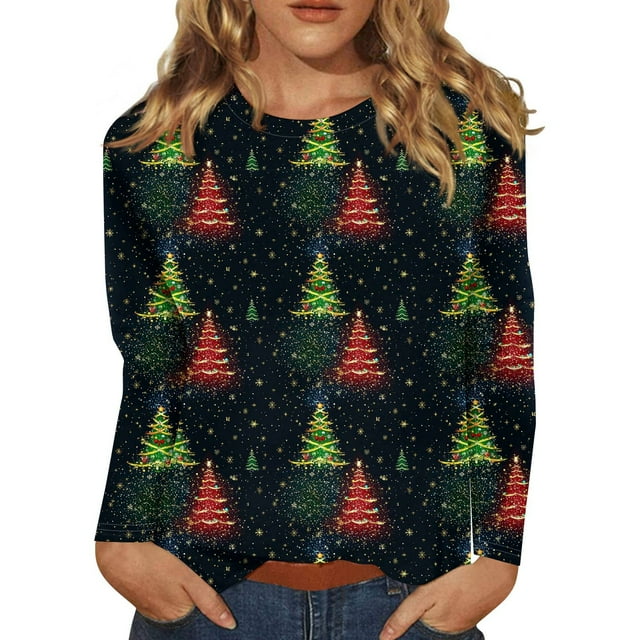 Christmas Shirts for Women Xmas Snowflake Print Blouse Crew Neck