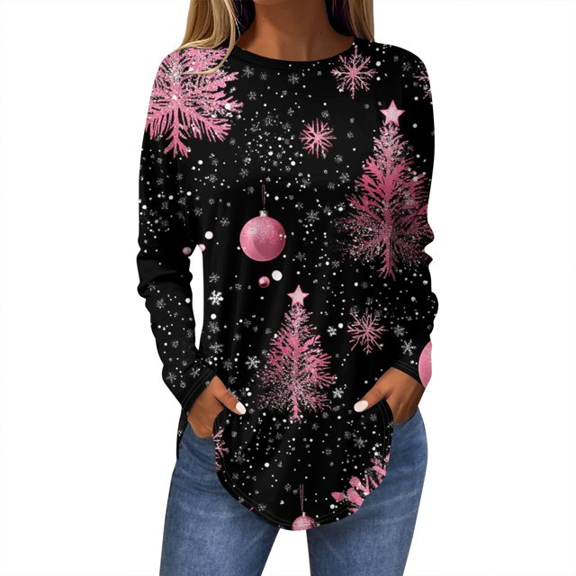 Christmas Shirts for Women Xmas Snowflake Print TShirts Crewneck