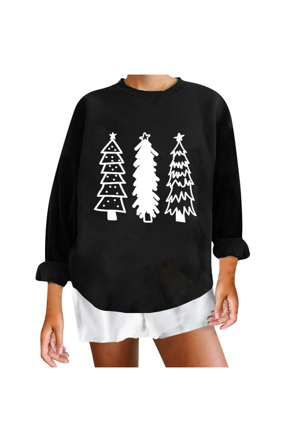 Christmas Shirts for Women Xmas Tree Print Sweatshirt Casual Round Neck Long Sleeve Pullover Holiday Party Pullover pullover hoodie