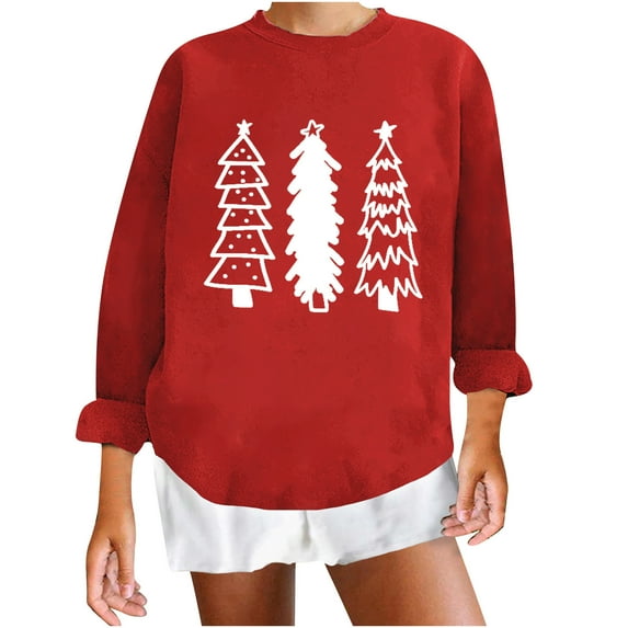 Christmas Shirts for Women Xmas Tree Print Sweatshirt Casual Round Neck Long Sleeve Pullover Holiday Party Pullover pullover hoodie