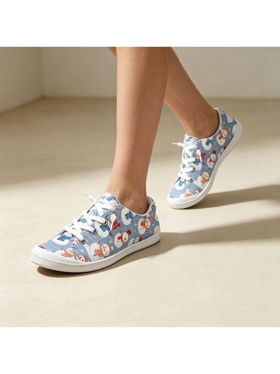 Christmas Shoes for Women,Snowman Print Canvas Sneakers, Festive Holiday Lace Up Flats, Comfortable Casual Winter Xmas Shoes