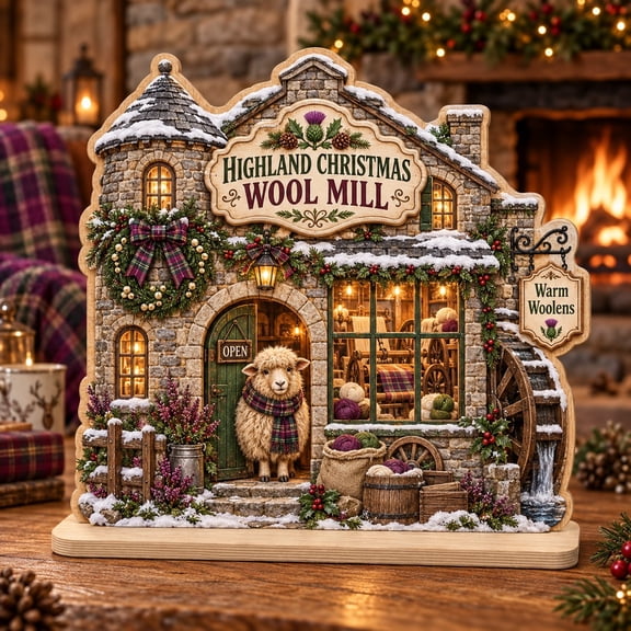 Christmas Shop Wooden Plaque, Highland Wool Mill Sheep Scene for Mantel Display and Holiday Gifting