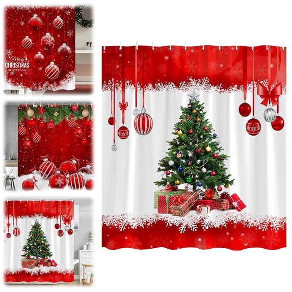 Christmas Shower Curtain 180x180cm with Hooks, Red Berry White Fir Branch Winter Holiday Glittering Fabric Bathroom Decor, One Size, Polyester