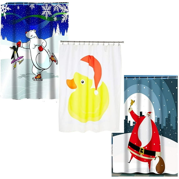 Christmas Shower Curtain 3 Pack - 1 Each Christmas Rubber Ducky, Polar Bear Ice Dancers, Santa Claus in The City - Set of 3 Fabric Xmas Shower Curtains