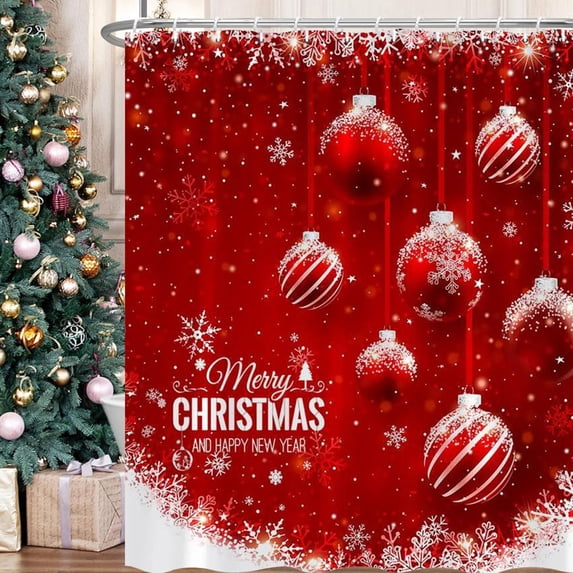 Christmas Shower Curtain 35x70 Inch Red Black Waterproof Polyester with Metal Grommets Candy Cane Holiday Ornament Pattern Includes Hooks