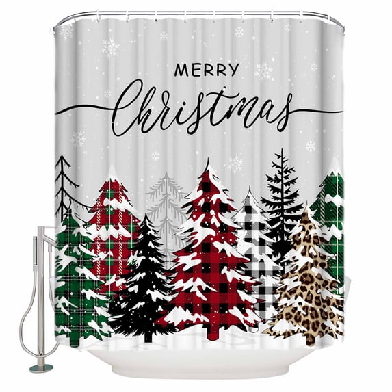 Christmas Shower Curtain, 36" x 72", Red Green Plaid Leopard Xmas Tree Winter Snowflake Waterproof Bathroom Curtain Washable Shower Curtain Set with 12 Hooks