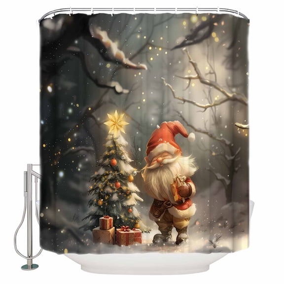 Christmas Shower Curtain, 36" x 72", Santa's Elves Forest Snowfall Evergreen Waterproof Bathroom Curtain Washable Shower Curtain Set with 12 Hooks