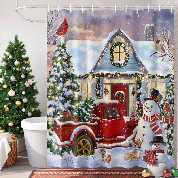 Christmas Shower Curtain, 36" x 72", Snowman Truck Bird Pine Tree House Winter Snow Scene Waterproof Bathroom Curtain Washable Shower Curtain Set with 12 Hooks