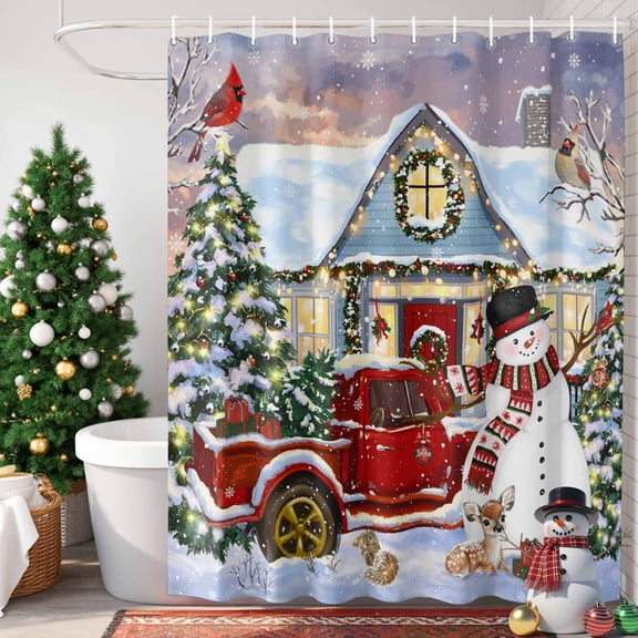 Christmas Shower Curtain, 36" x 72", Xmas Snowman Truck Bird Pine Tree House Snow Scene Waterproof Bathroom Curtain Washable Shower Curtain Set with 12 Hooks