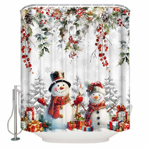 Christmas Shower Curtain, 60" x 72", Winter Pine Leaves Berries Snowman Gifts Snowflakes Waterproof Bathroom Curtain Washable Shower Curtain Set with 12 Hooks