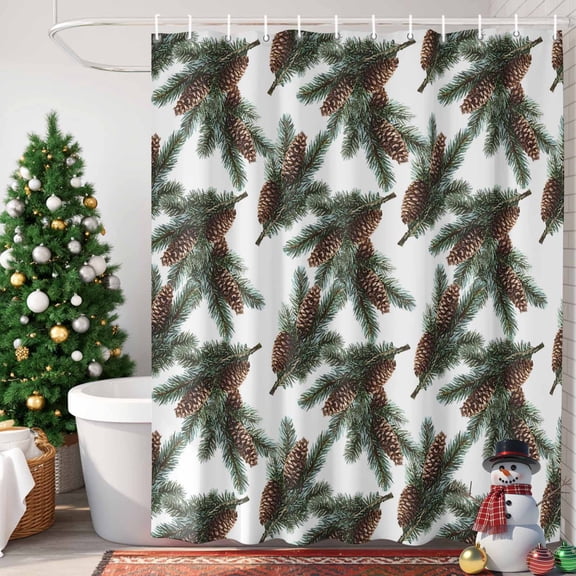Christmas Shower Curtain, 66" x 72", Vintage Pine Tree Leaf Pine Fruit Winter Plant Farm Waterproof Bathroom Curtain Washable Shower Curtain Set with 12 Hooks