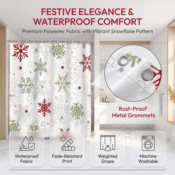 Christmas Shower Curtain 70.87x35.43in Snowflake Pattern, Waterproof Polyester Bathroom Curtain with Hooks Festive Holiday Decor by MPOISVA