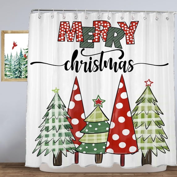 Christmas Shower Curtain, 72"X72" Christmas Tree Shower Curtains for Bathroom, Holiday Xmas Shower Curtain with Hooks, Merry Christmas Bathroom Decor, Washable Polyester Christmas Bathroom Set