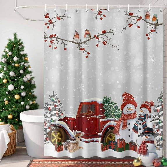 Christmas Shower Curtain, 72" x 72", Red Snowman Truck Tree Branches Bird Snowing Grey Waterproof Bathroom Curtain Washable Shower Curtain Set with 12 Hooks