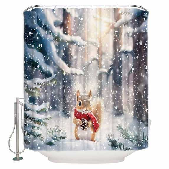 Christmas Shower Curtain, 72" x 72", Winter Pine Forest Cute Squirrel Snowfall Waterproof Bathroom Curtain Washable Shower Curtain Set with 12 Hooks