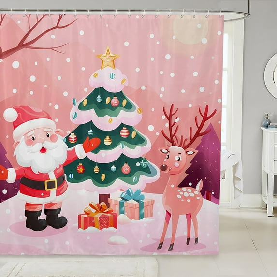 Christmas Shower Curtain 72Wx72L,Christmas Snow Tree Waterproof Bathroom Curtain,Santa Claus Bath Curtain,Kawaii Moose Animal Waterproof Fabric,Cute Cartoon Waterproof Cloth,Pink Green