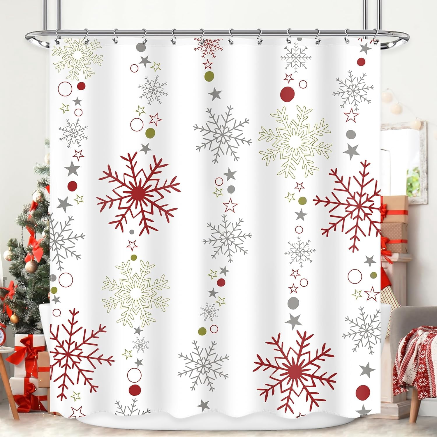 Christmas Winter Shower Curtain – Red & Grey Snowflake Bathroom Decor, 72x72 Inches, Water Repellent - View #5