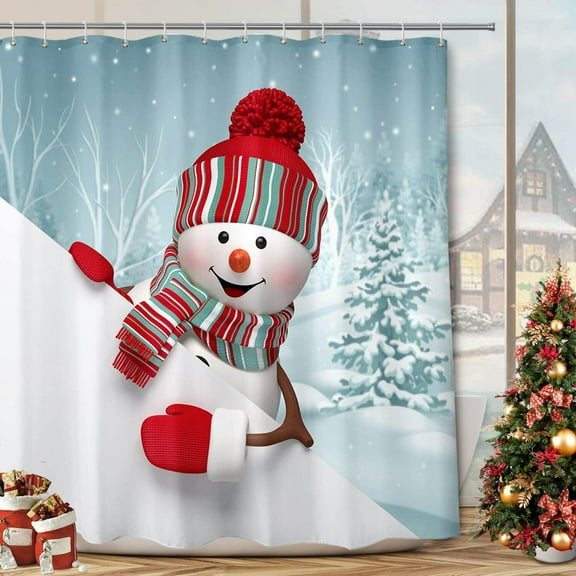 Christmas Shower Curtain 84 inches Long, Winter Holiday Shower Curtains for Bathroom Fabric, Christmas Snowman Bathroom Decor Set with Hooks