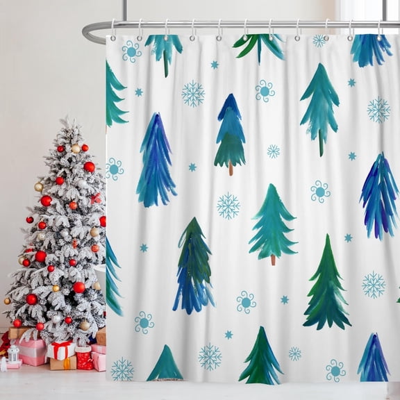 Christmas Shower Curtain for Bathroom 72x72inches Green Blue X-mas Trees Shower Curtain Set with Hooks Cute Snowflakes Waterproof Fabric Shower Curtains
