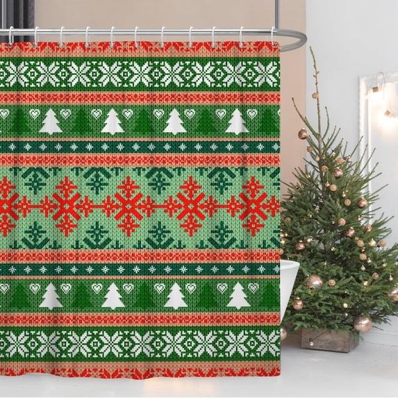 Christmas Shower Curtain for Bathroom 72x84inches Boho Green Red Stripes Shower Curtain Set with Hooks X-mas Trees Snowflakes Waterproof Fabric Shower Curtains