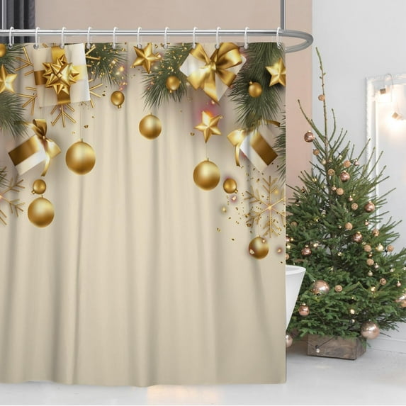 Christmas Shower Curtain for Bathroom 84x72inches Gold Pearls Snowflakes X-mas New Year Decor Shower Curtain Set with Hooks Green Leaves Waterproof Fabric Shower Curtain
