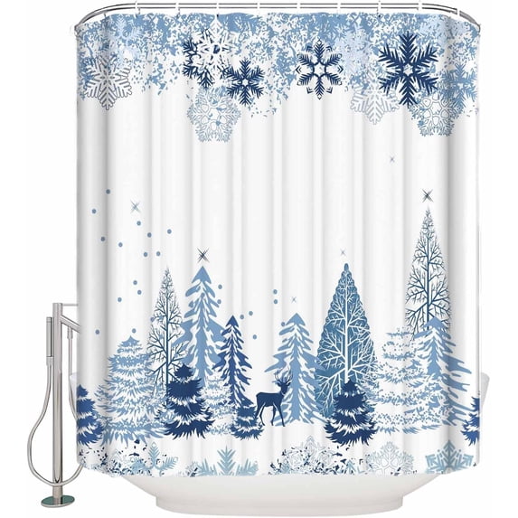 Christmas Shower Curtain for Bathroom, Blue Xmas Tree Forest Snowflakes Winter Waterproof Shower Curtain Decor, Premium 3M Scotchgard Fabric Christmas Shower Curtain for Bathtub Accessory, 72x84