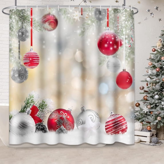 Christmas Shower Curtain, Bathroom Christmas Decorations, Snowflake Fashion Red Silvery Balls Waterproof Polyester Fabric Bathroom Decor Bath 72 x 72 Inches Set with Hooks