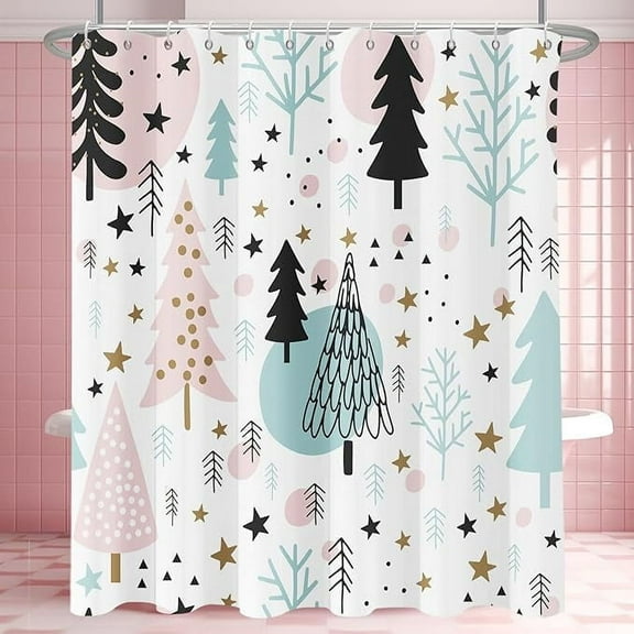 Christmas Shower Curtain For Bathroom, Cute Pink Xmas Tree Stars Pine Trees Merry Christmas Bath Curtain Waterproof Fabric For Holiday Home Decor With Hooks 65"W x 72"L (Pack of 1)