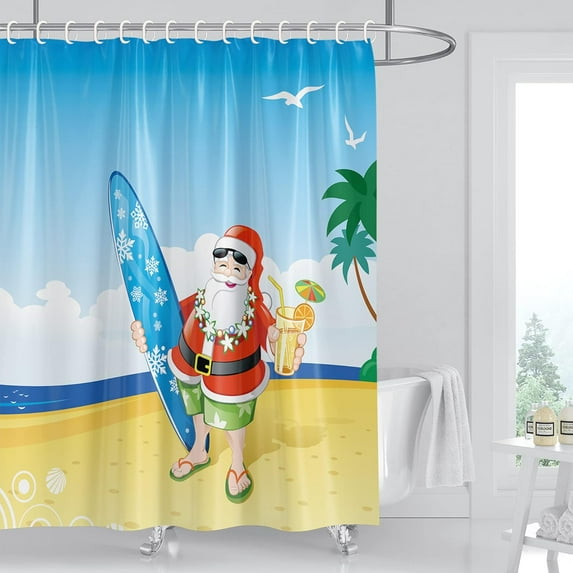 Christmas Shower Curtain for Bathroom Merry Christmas Beach Santa Claus Shower Curtain Sets for Farmhouse Winter Xmas Holiday Bathroom Decor, Waterproof Fabric with 12 Hooks, 72 x 72 Inches