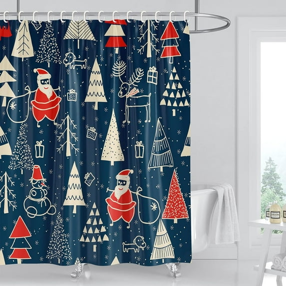 Christmas Shower Curtain for Bathroom Santa Claus Deer Snowman Christmas Tree Shower Curtain Sets for Farmhouse Winter Xmas Holiday Bathroom Decor, Waterproof Fabric with 12 Hooks, 72 x 72 Inches