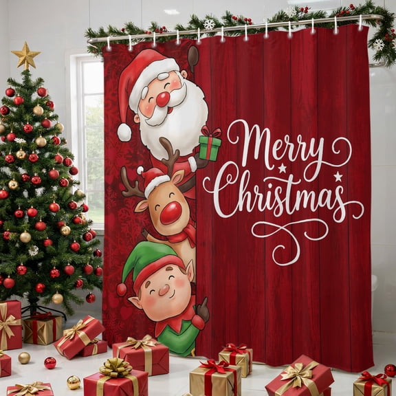 Christmas Shower Curtain for Bathroom, Santa Xmas Green Elf Winter Elk Red Wooden Grain Waterproof Fabric Shower Curtain with 12 Hooks, Bathroom Curtain Set for Bathroom Accessories, 36 x 72 Inches