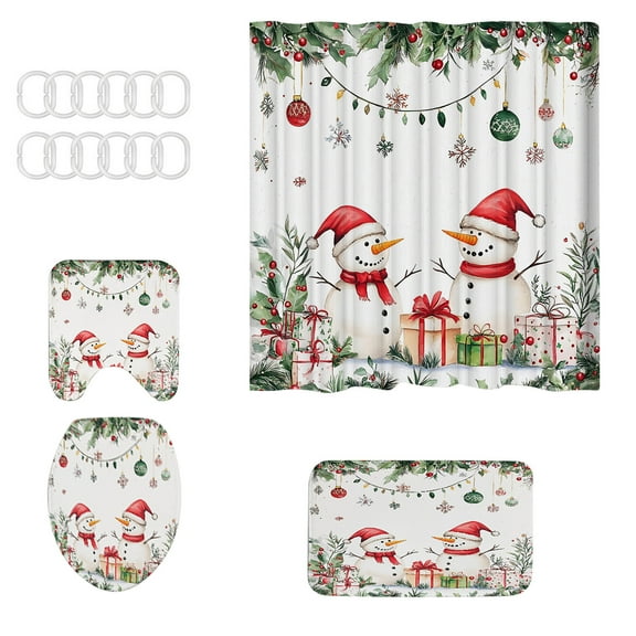 Christmas Shower Curtain Bathroom Set – 4PCS Santa Claus Themed Set with Shower Curtain, Toilet Mat, U-Shaped Rug & Floor Mat – Waterproof Non-Slip Holiday Bathroom Décor