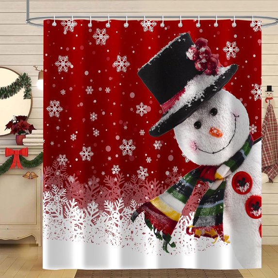 Christmas Shower Curtain for Bathroom Set, Snowman Snowflake Xmas New Year Winter Snow Red Holiday Cloth Fabric Shower Curtains Decor Polyester Waterproof Set with 12 Hooks, 72x72 inches