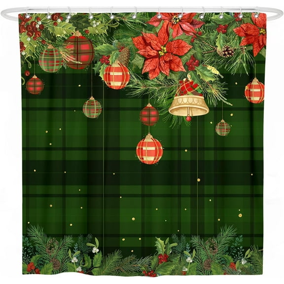 Christmas Shower Curtain for Bathroom,Winter Xmas Holiday Poinsettia Shower Curtain Set with Hooks,Buffalo Plaid Polyester Fabric Shower Curtains Washable Waterproof Bath Decor 72" x 72"