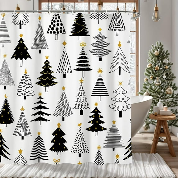 Christmas Shower Curtain Black and Gold Chrisrmas Tree Shower Curtain Winter Xmas Pine Pattern Holiday Curtain for Bathroom Decor New Year Holiday Decorative Fabric Bathroom Curtain 72x72in