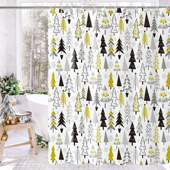 Christmas Shower Curtain, Black and Gold Christmas Tree with Stars Winter Holiday Bathroom Curtain Bathtub Home Decor Waterproof Fabric Machine Washable with 12 PCS Hooks,72" Wx72 L