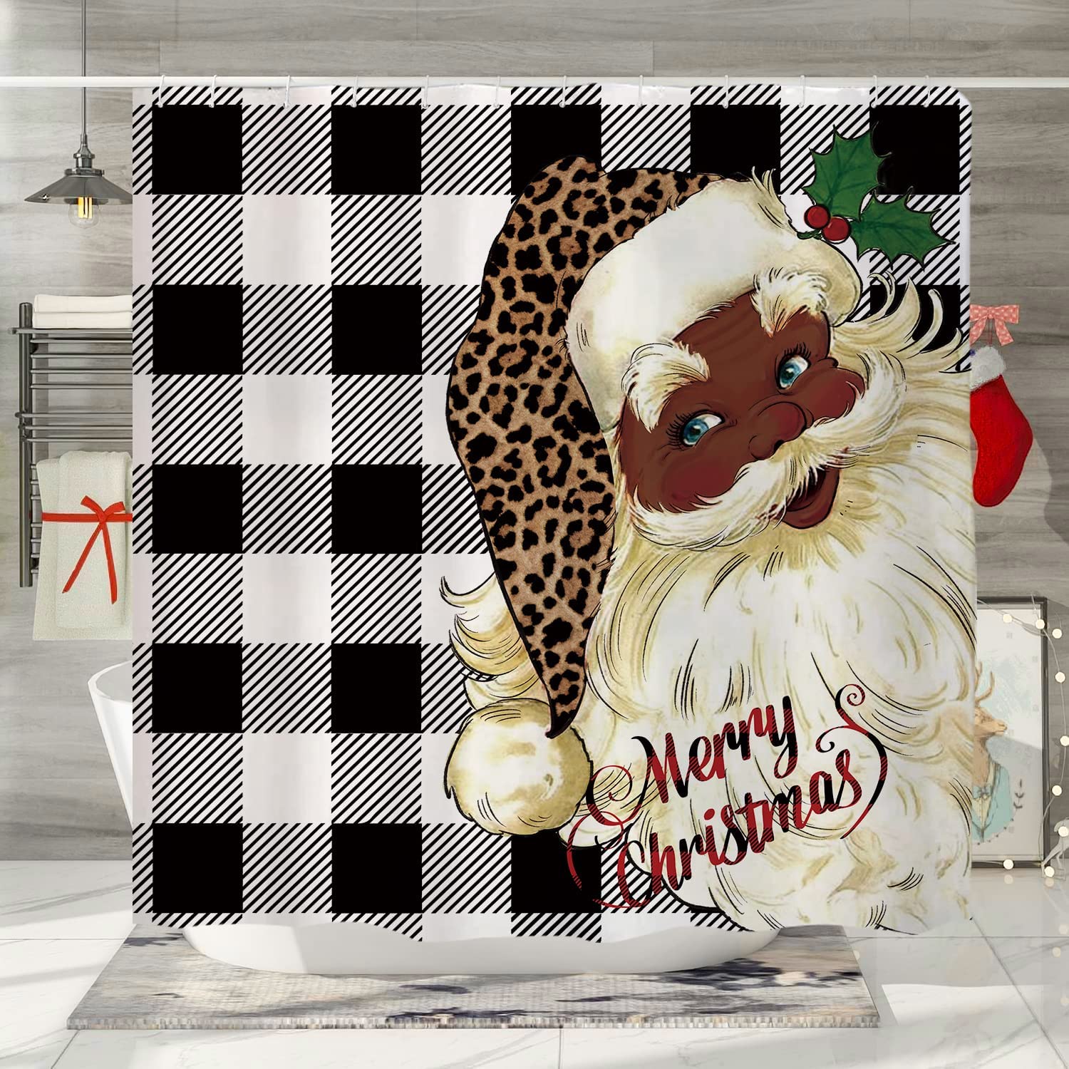 Christmas Shower Curtain Black Santa African American Santa Berry