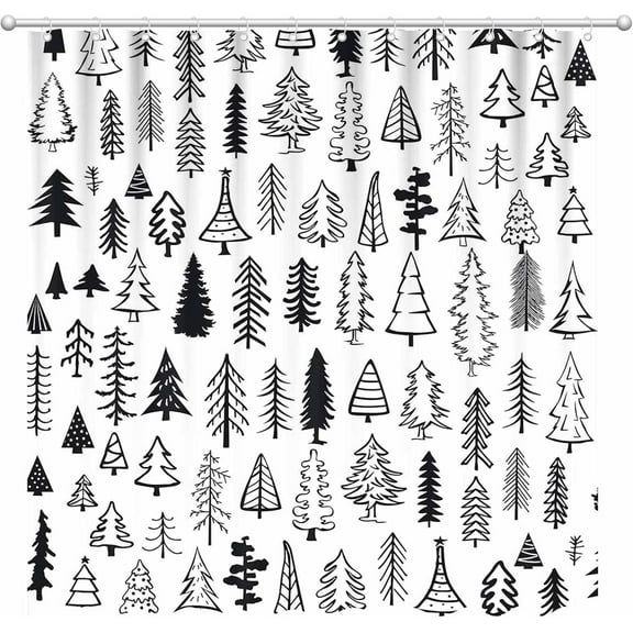 Christmas Shower Curtain, Black White Christmas Tree Winter Holiday Farmhouse Shower Curtain for Bathroom Bathtubs Decor, 72x72 Inch Bathroom Curtain with 12 Hooks